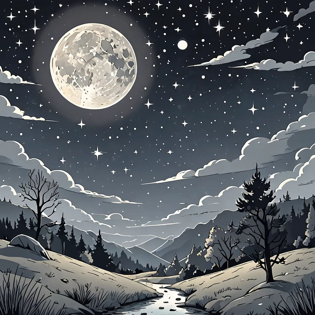 a night scene with a river and a full moon in the sky with stars and clouds above it and a mountain range in the background, space art, a storybook illustration, Dan Mumford, hd wallpaper