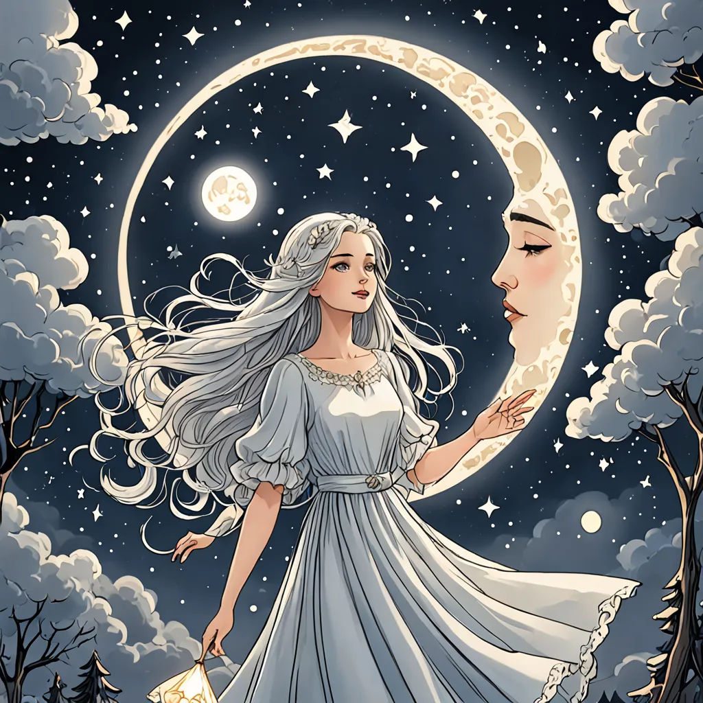 a woman in a white dress standing next to a man in a moon filled sky with stars and a moon, fantasy art, a detailed drawing, Anna Dittmann, moon