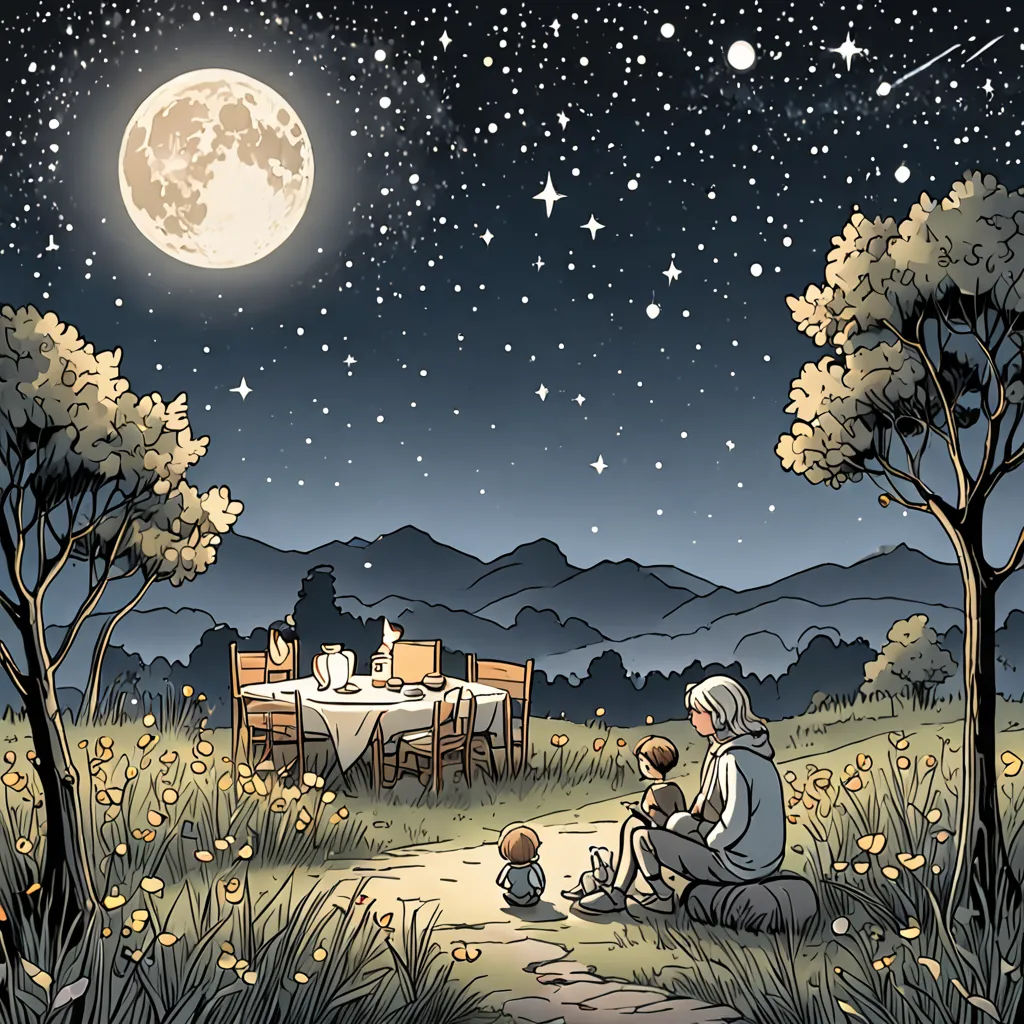 a man and a child sitting at a table under a full moon with a full moon in the background, magical realism, a storybook illustration, Asaf Hanuka, storybook illustration