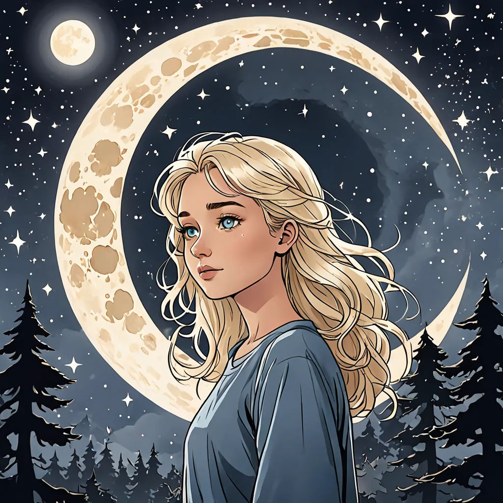 a woman standing in front of a full moon with trees in the background and a forest in the foreground, space art, a character portrait, Charlie Bowater, comic cover art