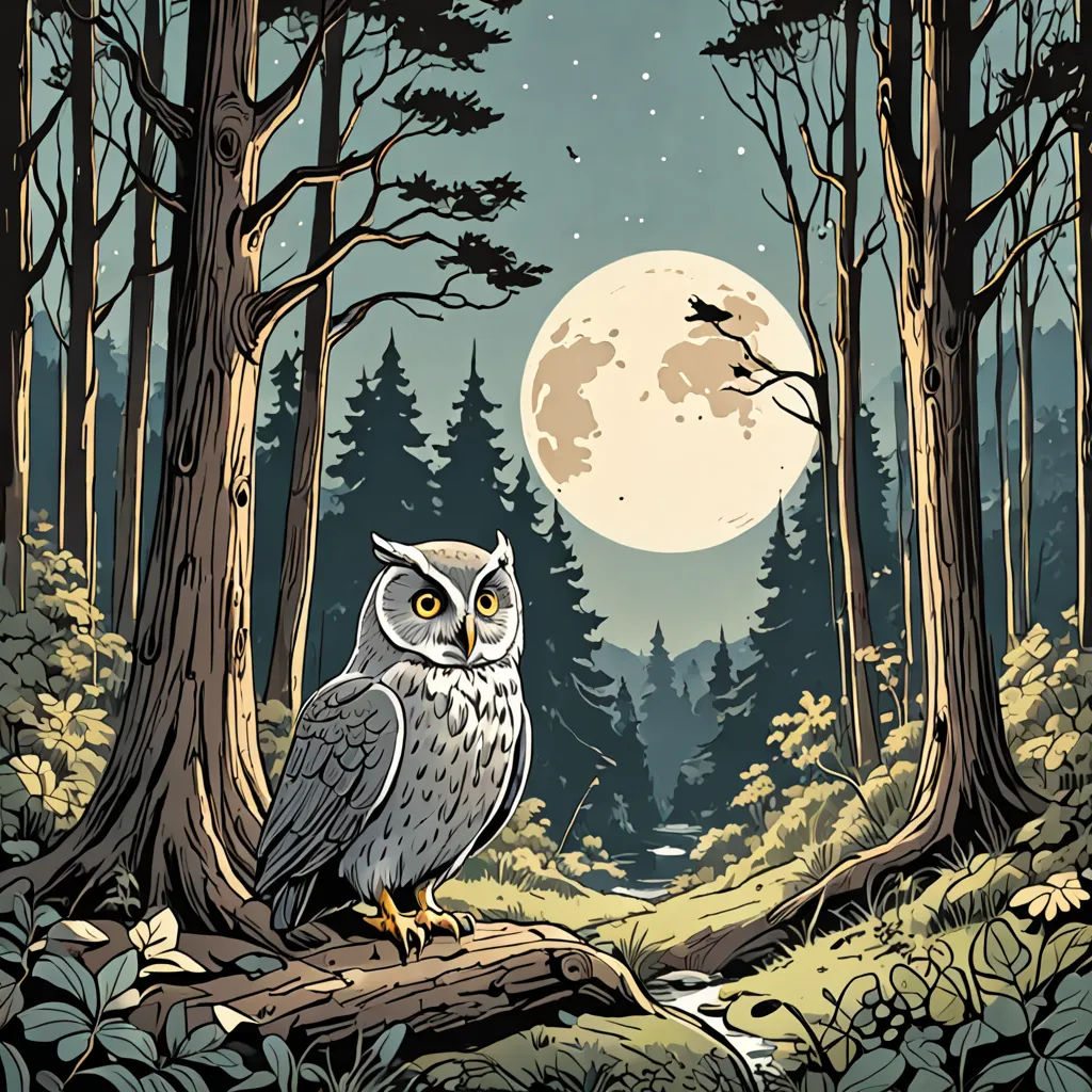 an owl sitting on a log in a forest with a full moon in the background and trees and bushes, fantasy art, a storybook illustration, Dan Mumford, josan gonzales and dan mumford