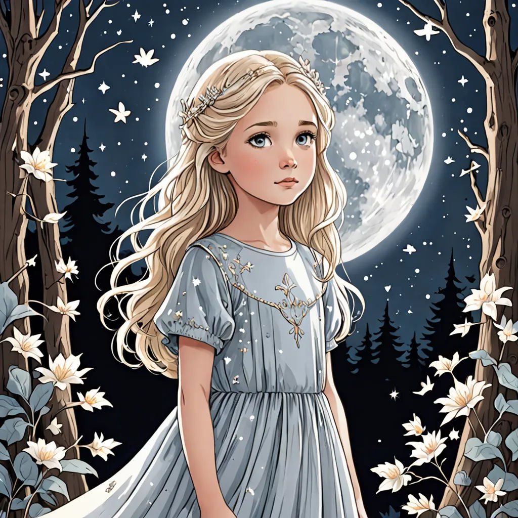 a girl in a dress standing in front of a full moon with trees and flowers around her and a full moon behind her, fantasy art, a storybook illustration, Anna Dittmann, trending on art station