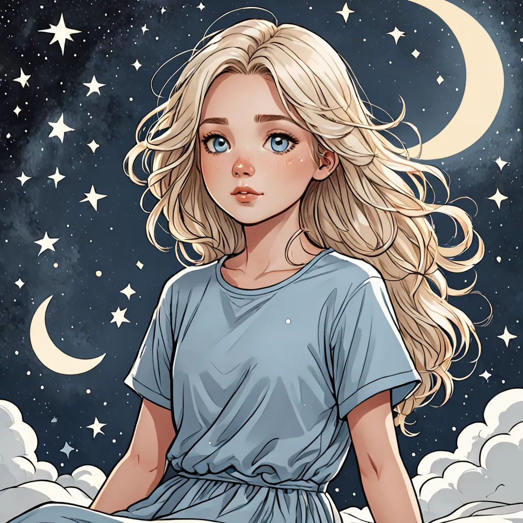 a girl sitting on a cloud with a moon in the background and stars in the sky above her, with a crescent behind her, fantasy art, a storybook illustration, Charlie Bowater, trending on art station