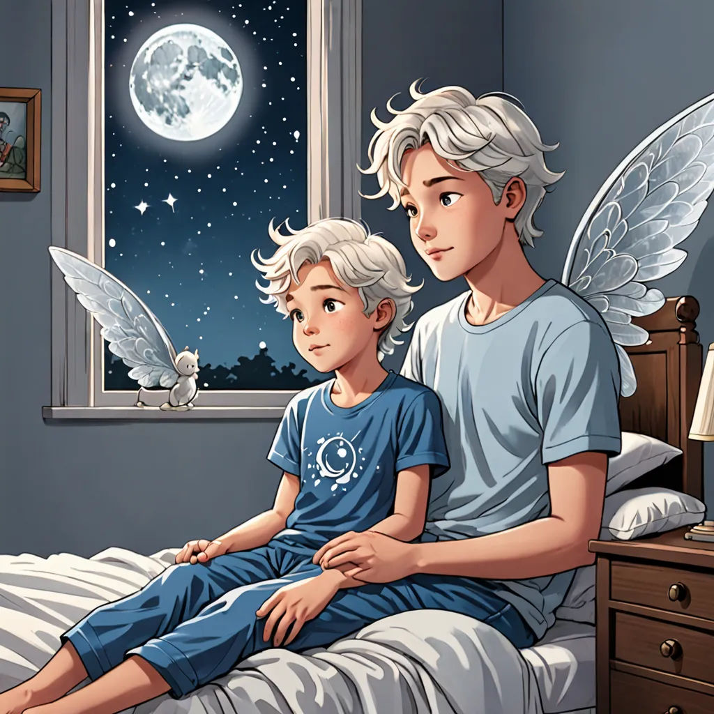 a boy and a girl sitting on a bed looking out the window at the moon and stars in the sky, magical realism, a storybook illustration, Cliff Childs, official art