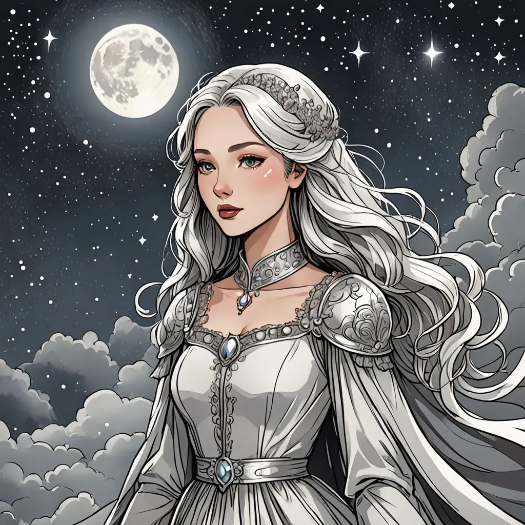 a woman in a white dress standing under a full moon with clouds and stars in the sky behind her, fantasy art, a character portrait, Charlie Bowater, beautiful detailed