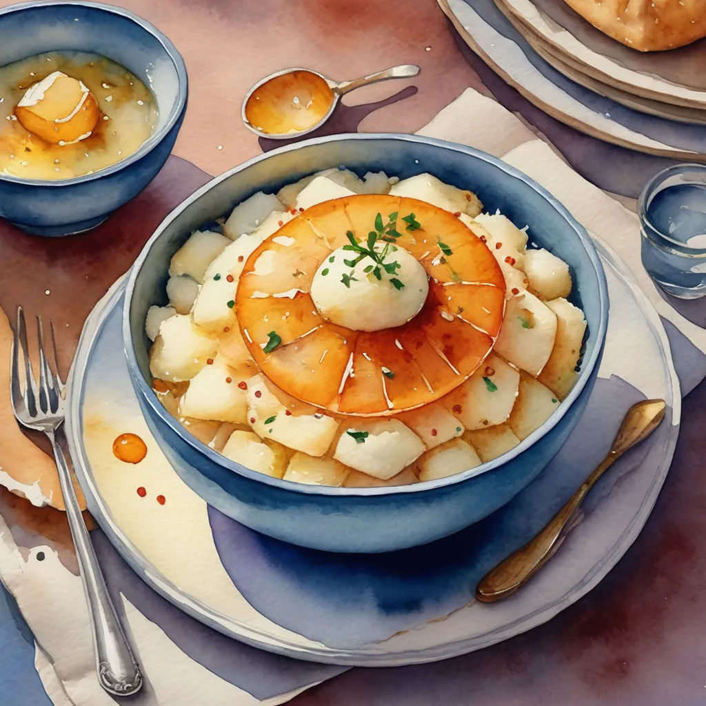 a bowl of food on a table with silverware and utensils on it and a plate with a bowl of food on it, photorealism, a watercolor painting, Boleslaw Cybis, highly detailed digital painting
