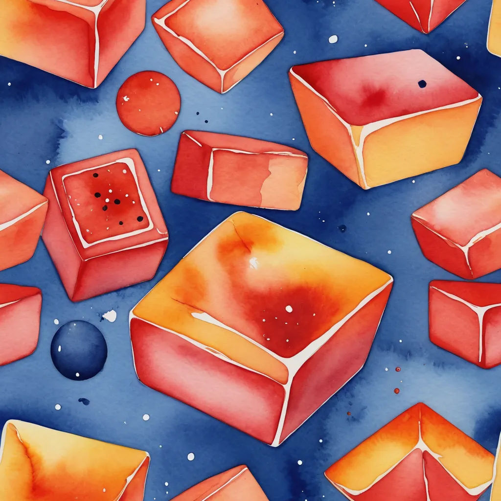 a painting of a bunch of red and yellow cubes and bubbles on a blue background with a blue dot, cubo-futurism, a watercolor painting, Chris LaBrooy, watercolor