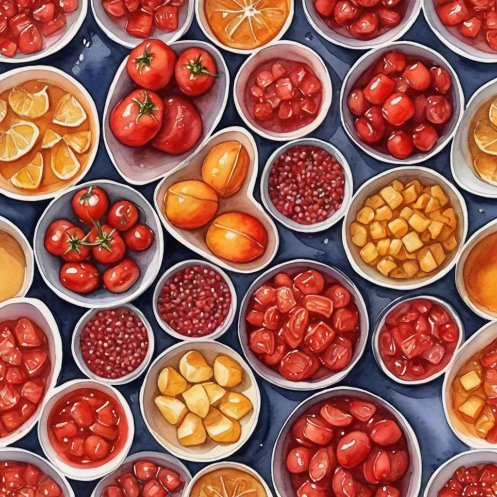 a table topped with bowls of different types of fruits and vegetables next to each other on plates with oranges and tomatoes, generative art, a detailed painting, Aaron Jasinski, in gouache detailed paintings