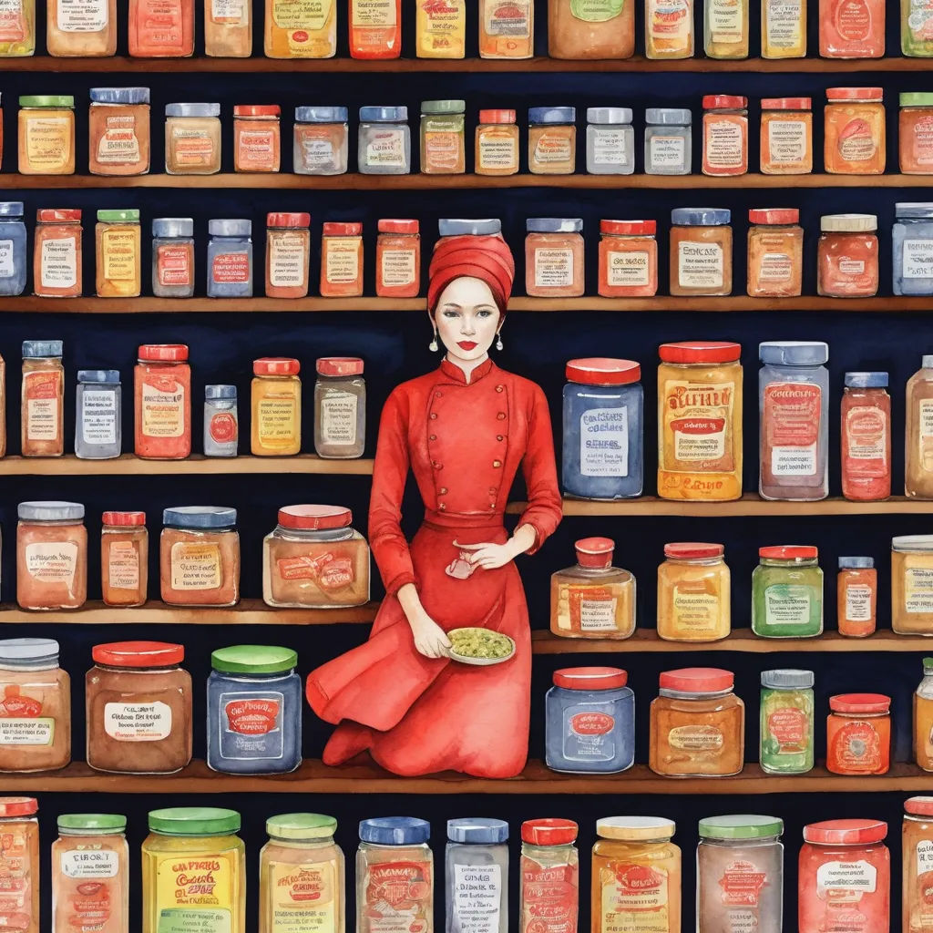a painting of a woman in a red dress standing in front of a shelf of jars and jars of food, figurativism, a storybook illustration, Elinor Proby Adams, in gouache detailed paintings