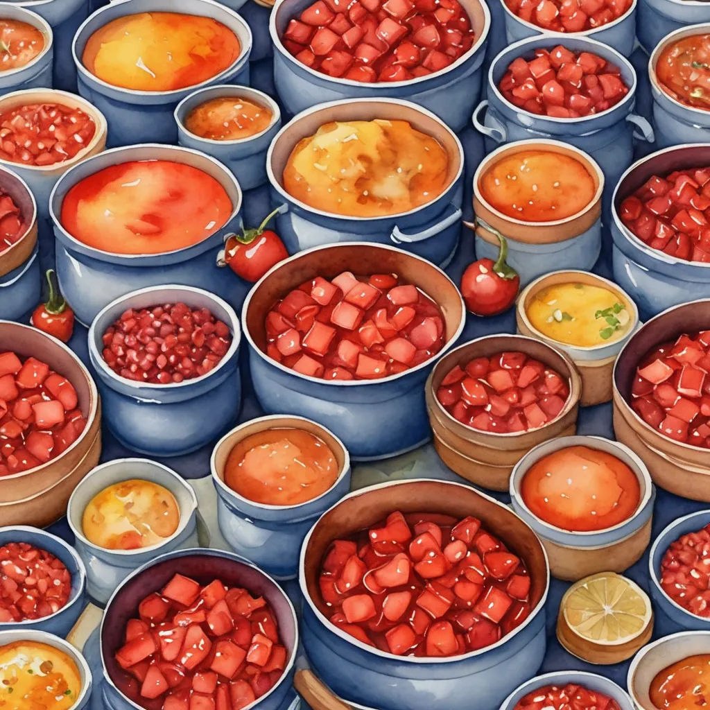 a large amount of different types of food in blue pots and bowls with strawberries and oranges in them, photorealism, a hyperrealistic painting, Chen Chun, in gouache detailed paintings