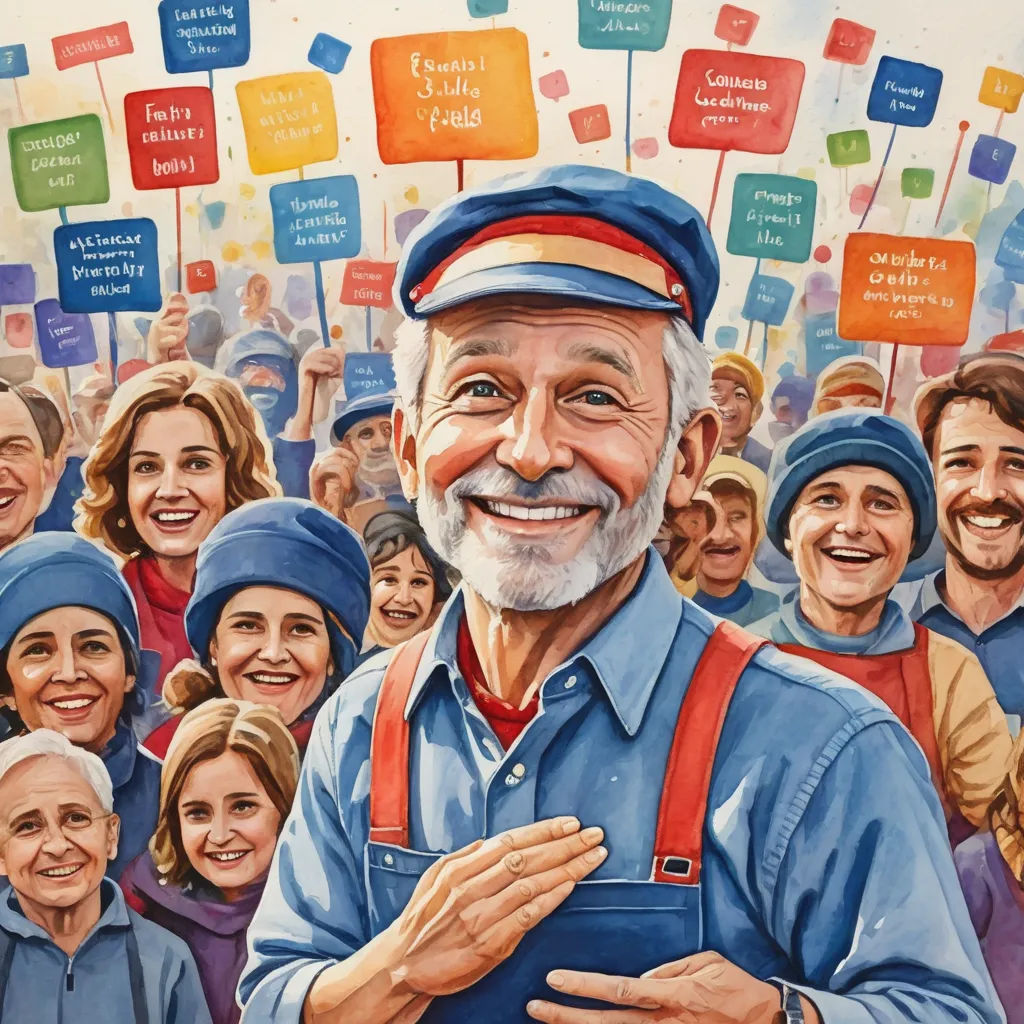 a painting of a man in a crowd of people with signs above him that say, thank you for the work, folk art, an ultrafine detailed painting, Bob Byerley, official art