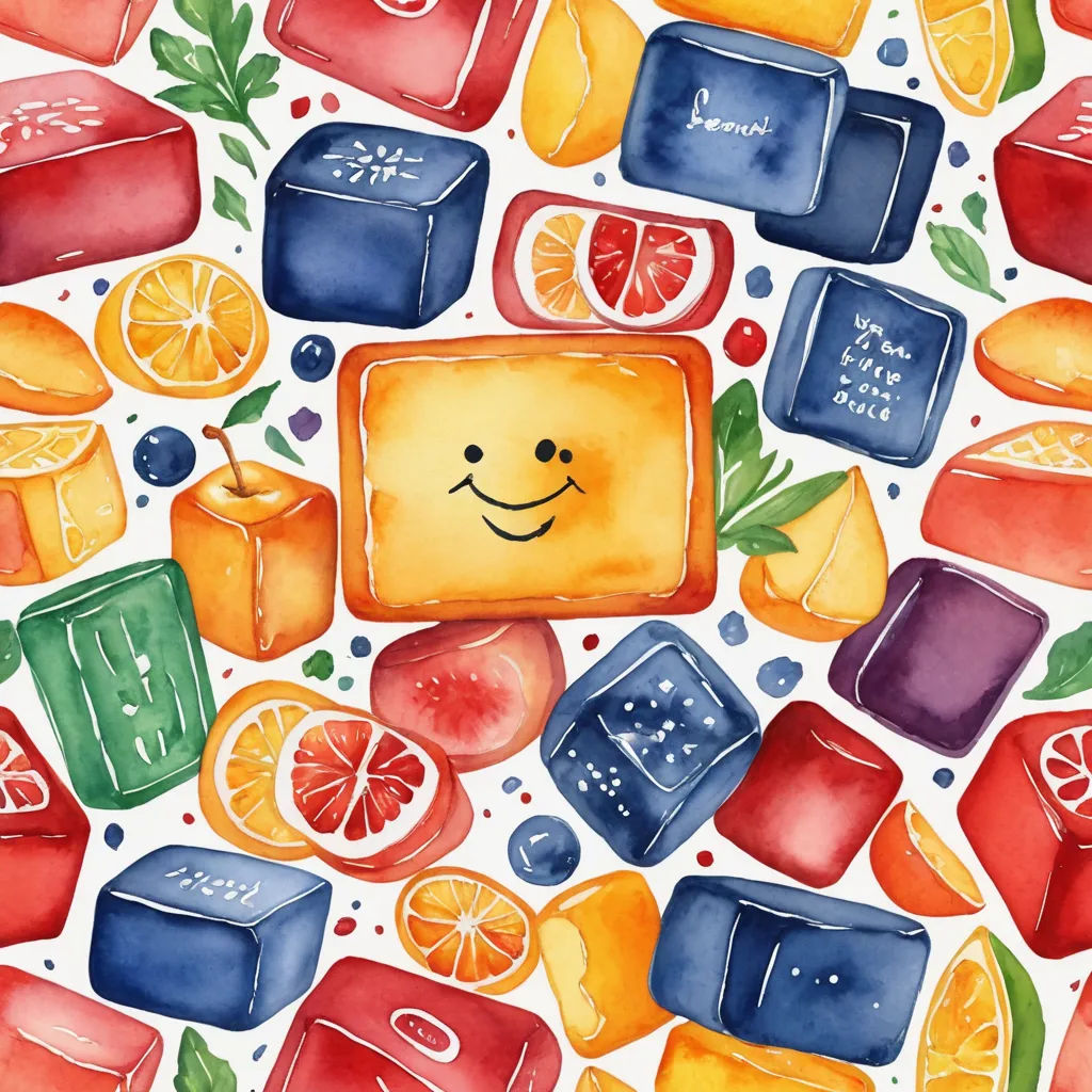 a watercolor pattern of oranges, lemons, and cubes of soap on a white background, cubism, a watercolor painting, Claire Hummel, hi - fructose