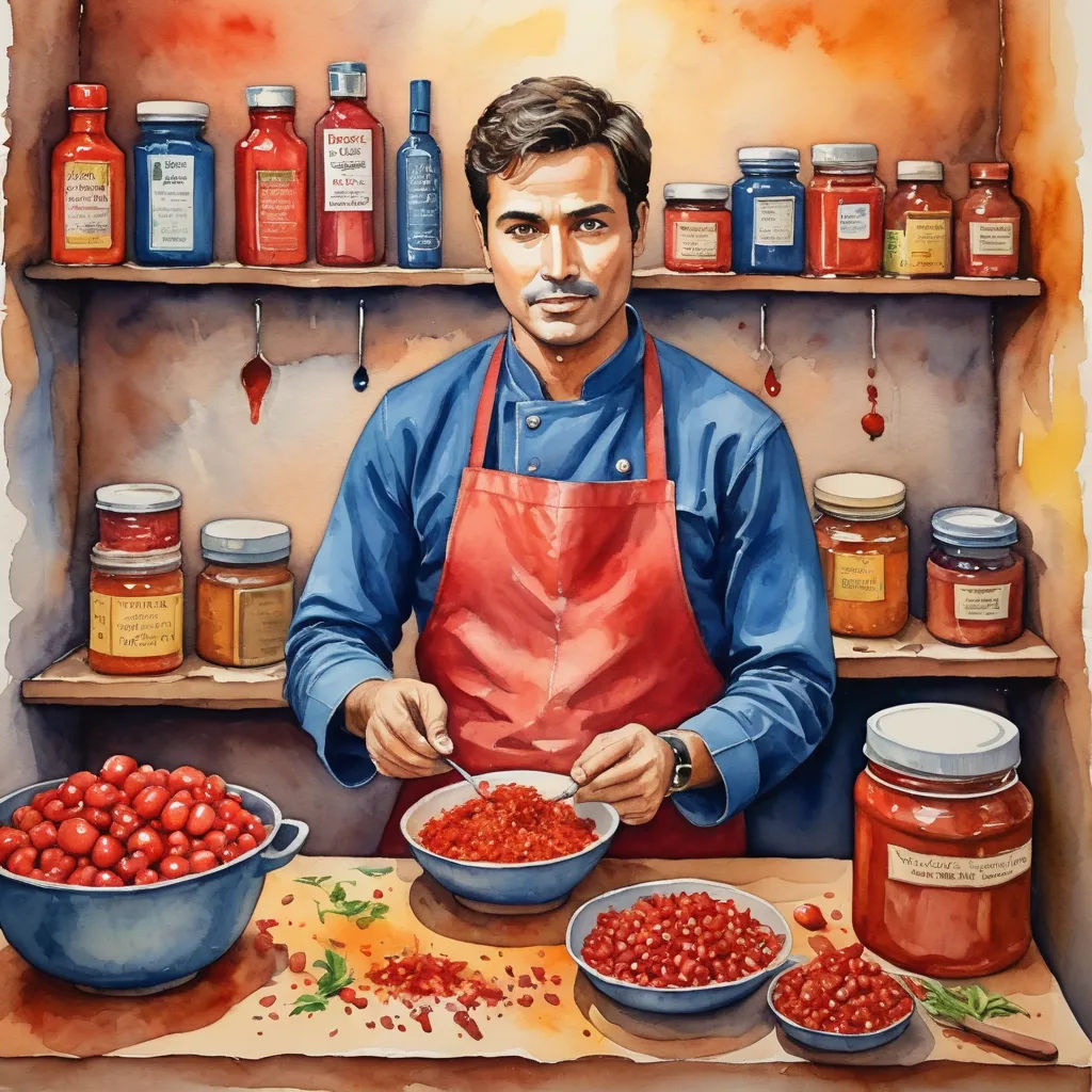 a painting of a man in an apron preparing food in a kitchen with jars of jams and jars, bengal school of art, an ultrafine detailed painting, Bikash Bhattacharjee, in gouache detailed paintings