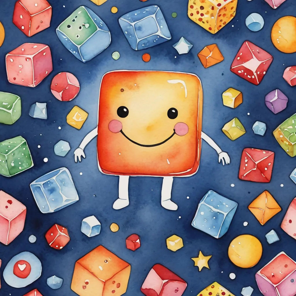 a painting of a square character surrounded by cubes and stars and a star on the ground with a smile on his face, space art, a watercolor painting, Chris LaBrooy, 2 d game art