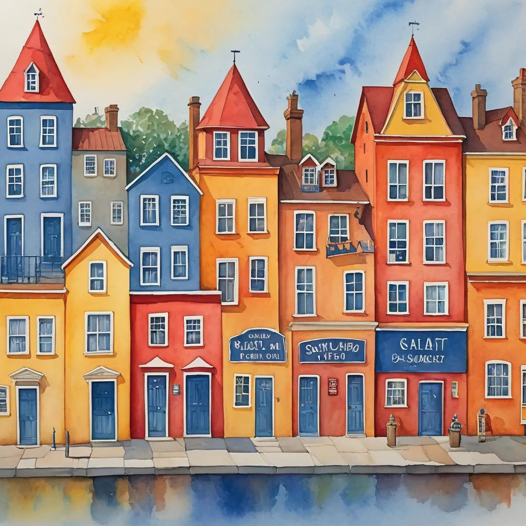 a painting of a row of buildings with a blue door and windows on each side of the building and a yellow door on the other side, modern european ink painting, a watercolor painting, Colin Gill, watercolor