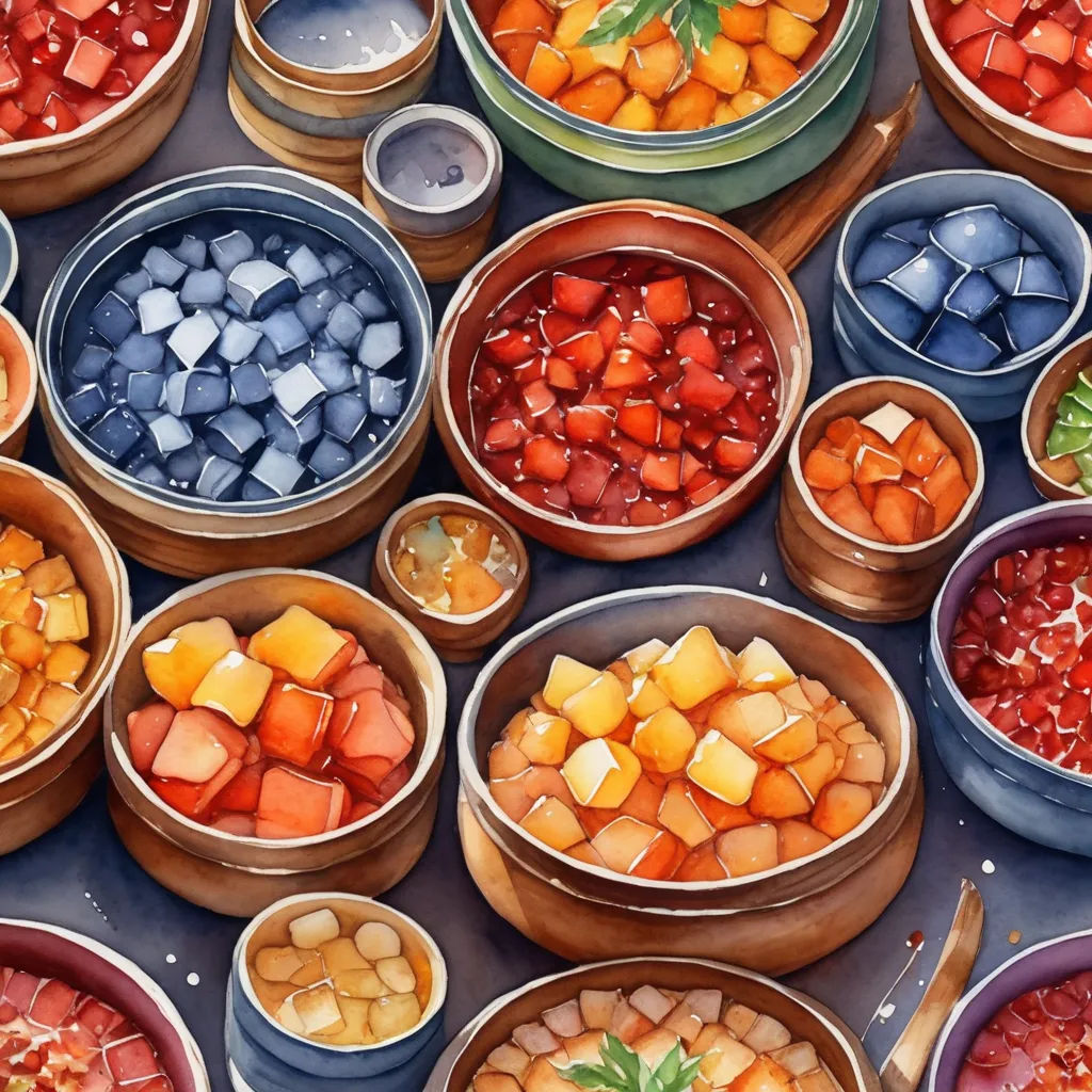 a table topped with bowls filled with different types of food and vegetables next to each other on top of a table, photorealism, a detailed painting, Chen Lin, in gouache detailed paintings