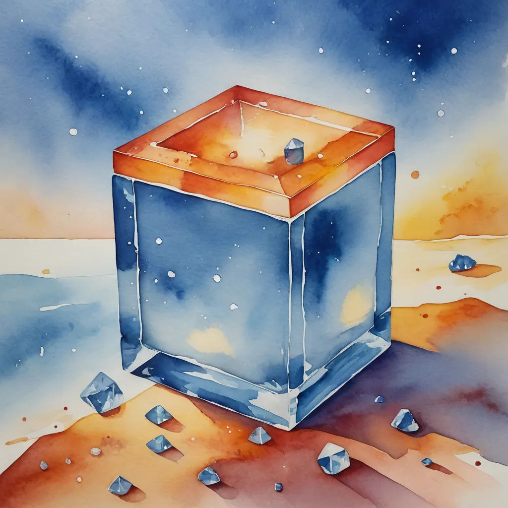 a painting of a cube with a sky background and rocks on the ground below it, with a blue sky and orange and yellow background, cubo-futurism, a watercolor painting, Eden Box, watercolor