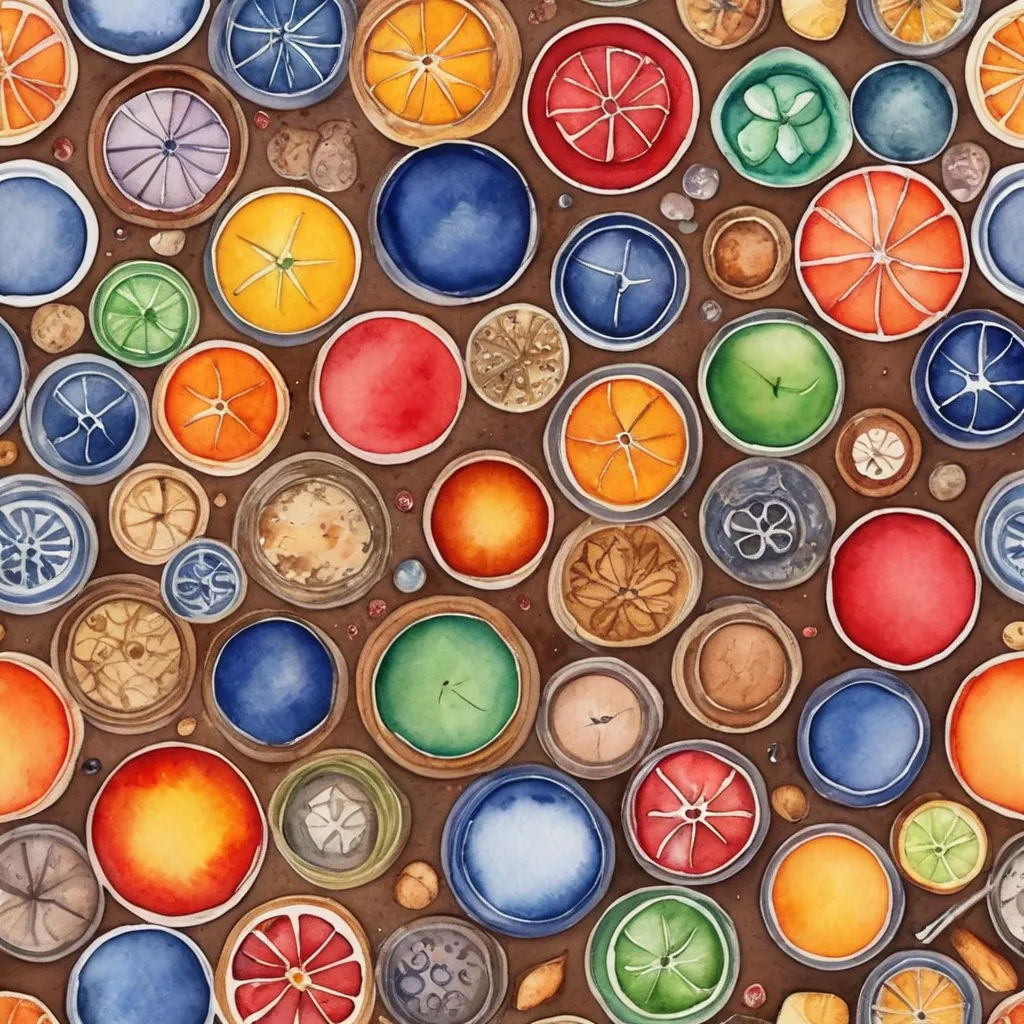 a painting of a bunch of different colored objects in a bowl on a table top with a brown background, folk art, a detailed painting, Chris LaBrooy, in gouache detailed paintings