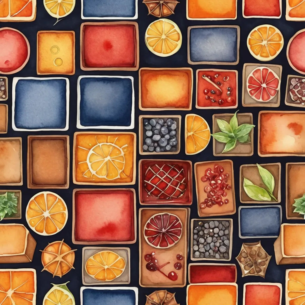 a painting of a bunch of different fruits and vegetables on a black background with a blue border and a red border, generative art, a watercolor painting, Annabel Kidston, in gouache detailed paintings