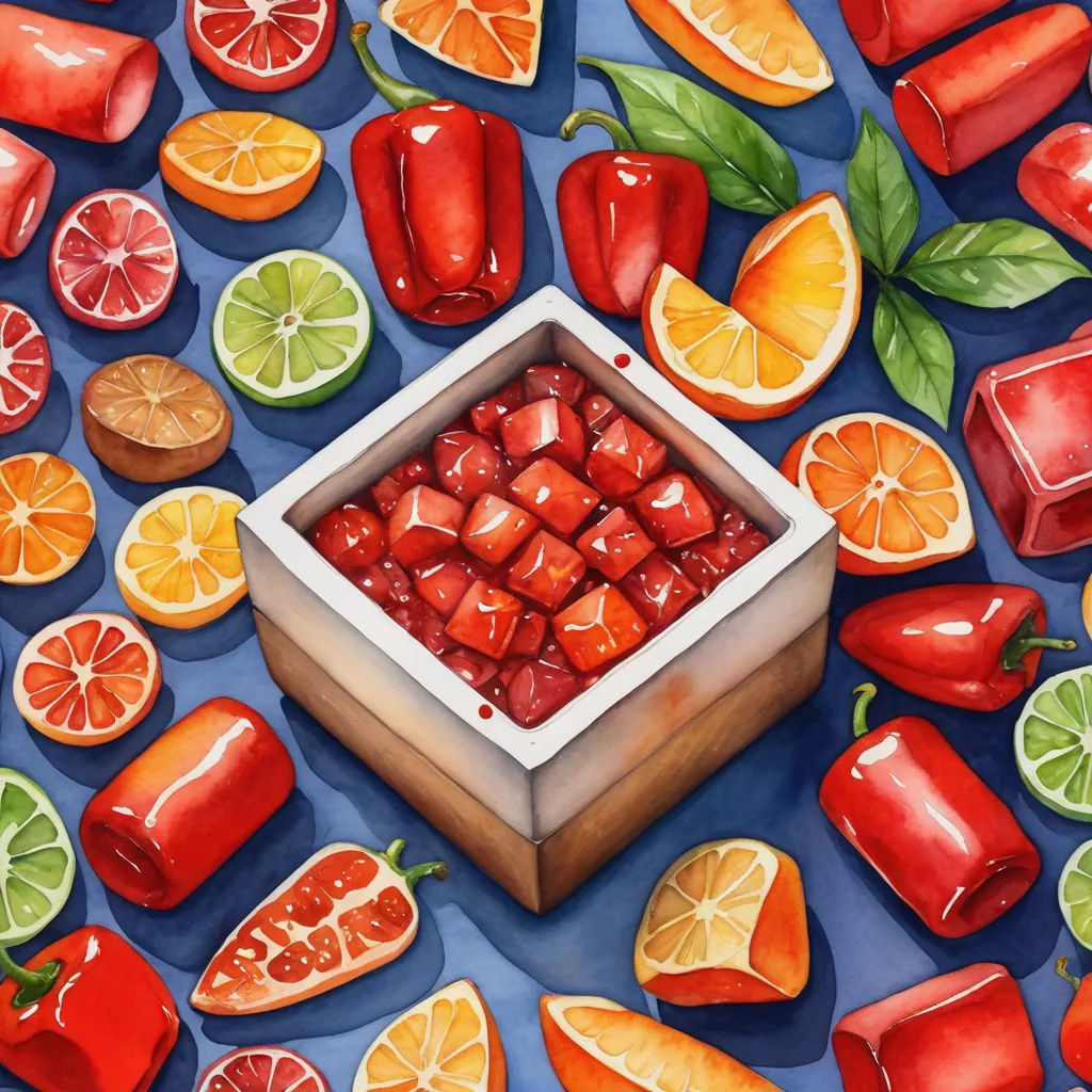 a painting of a box of fruit and vegetables on a blue surface with oranges, limes, and peppers, hyperrealism, an ultrafine detailed painting, Chris LaBrooy, in gouache detailed paintings