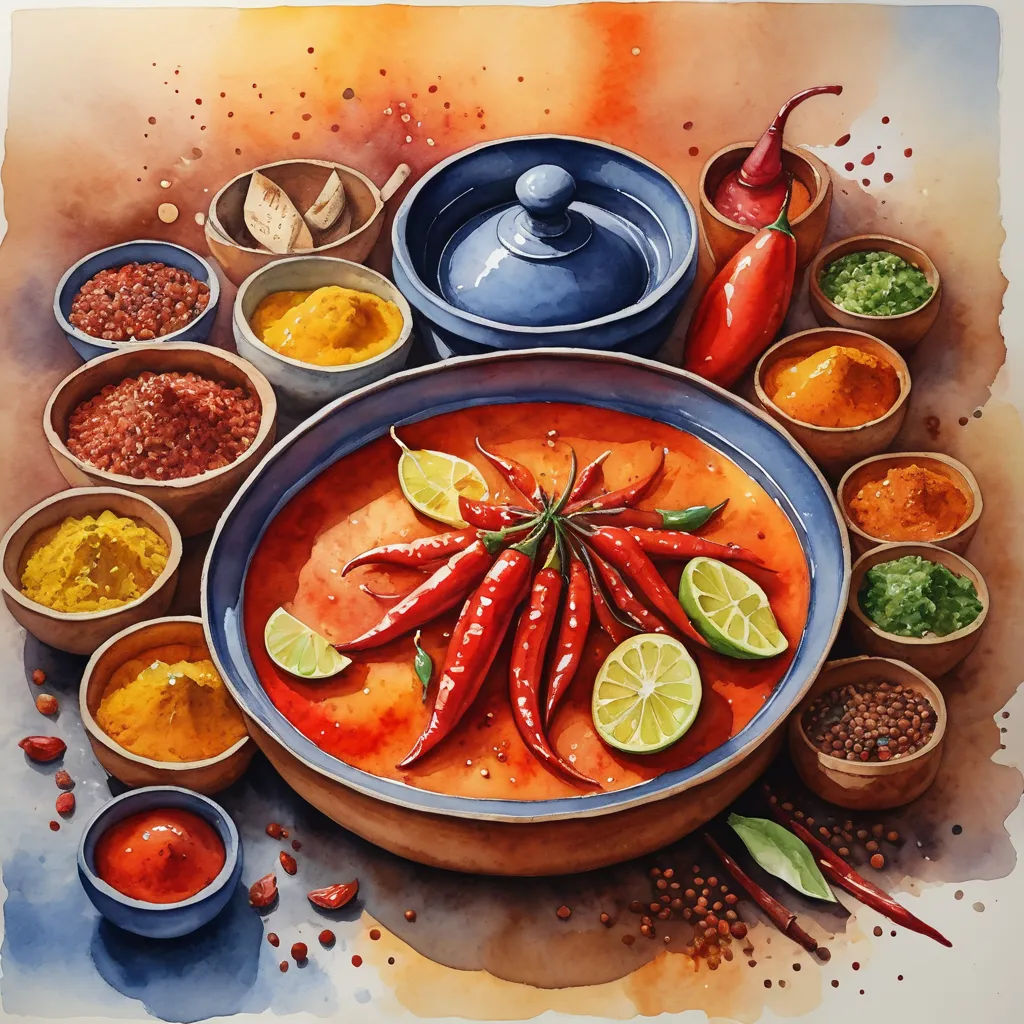 a painting of a bowl of food with chilis, limes, limes, and spices around it, modern european ink painting, a watercolor painting, Christian W. Staudinger, in gouache detailed paintings