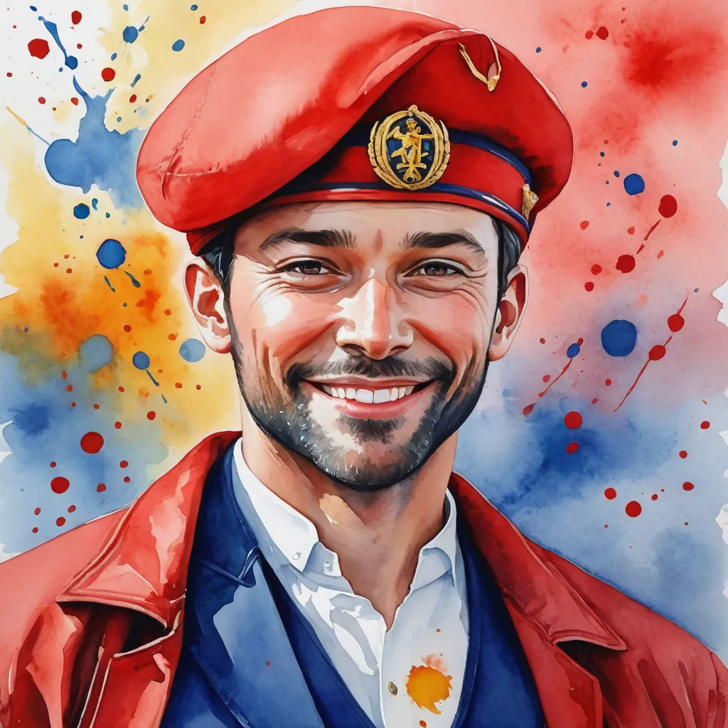 a painting of a man wearing a red hat and a red jacket with a gold emblem on it's peak, fantastic realism, a photorealistic painting, Colin Middleton, detailed portrait