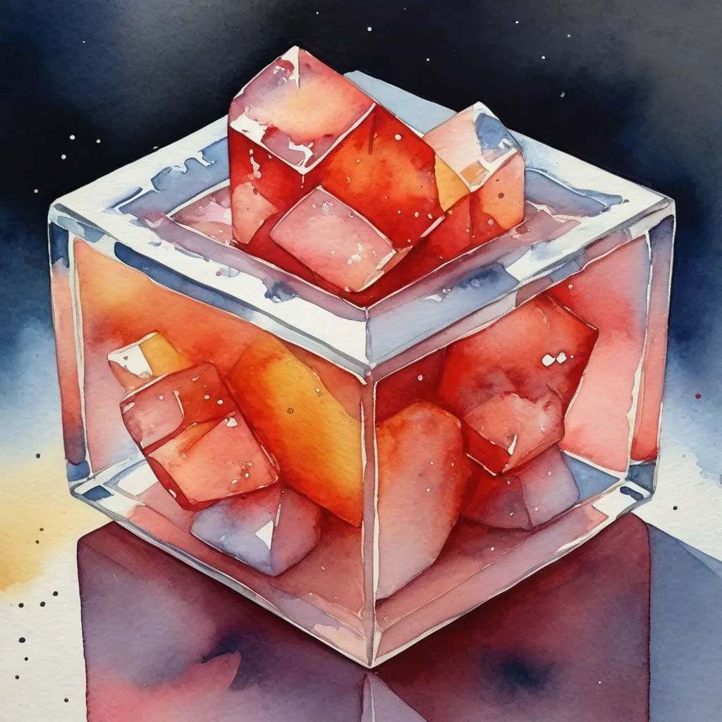 a painting of a cube of ice with oranges on top of it and a black background with a star, crystal cubism, a watercolor painting, Alison Watt, watercolor