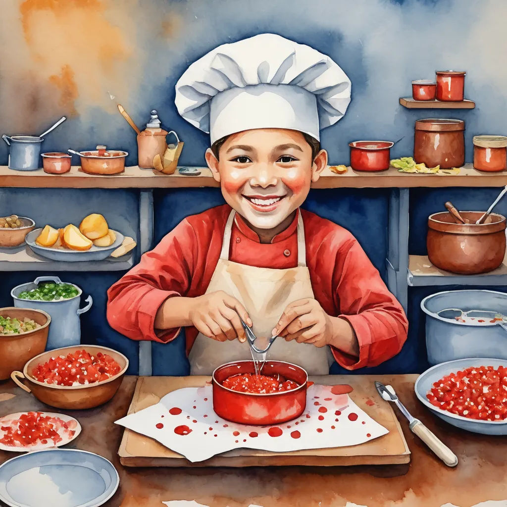 a painting of a boy in a chef's hat preparing food in a kitchen with bowls and bowls, lyco art, a storybook illustration, Aaron Jasinski, highly detailed digital painting