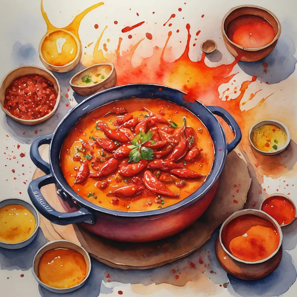 a painting of a pot of food with sauces around it and a spoon on the side of the pot, bengal school of art, a watercolor painting, Bian Jingzhao, in gouache detailed paintings