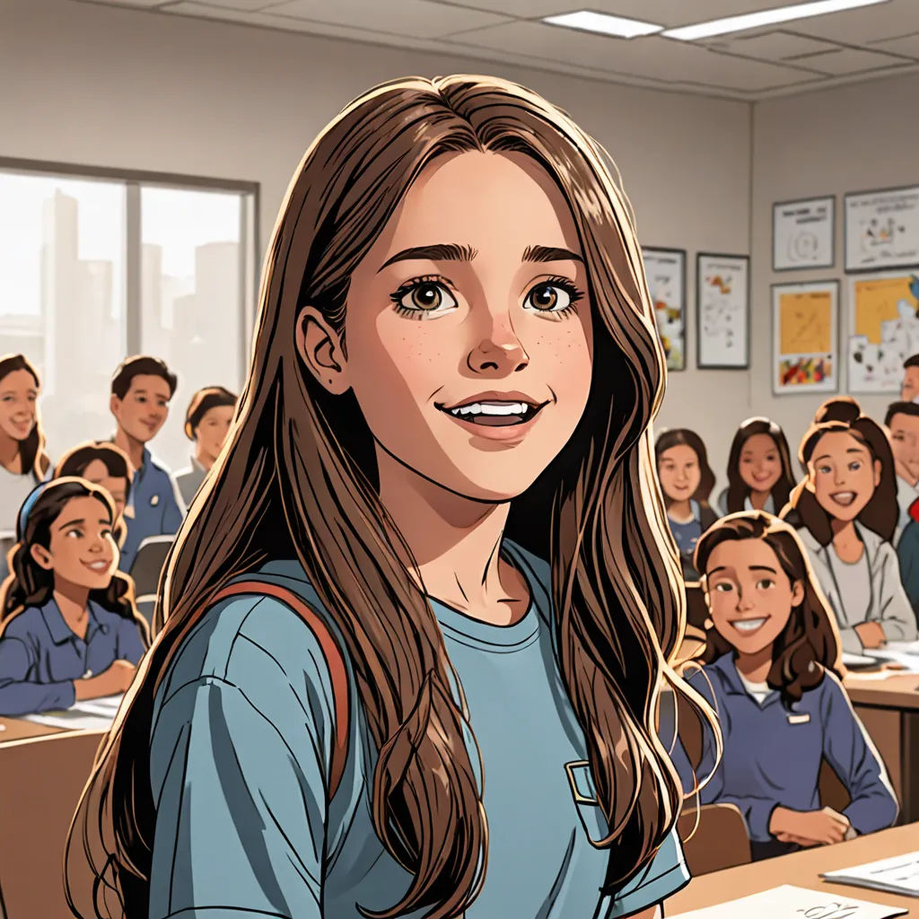 a cartoon of a girl in a classroom with a group of people behind her and a cartoon of a man in a suit, vancouver school, a comic book panel, Artgerm, comic cover art