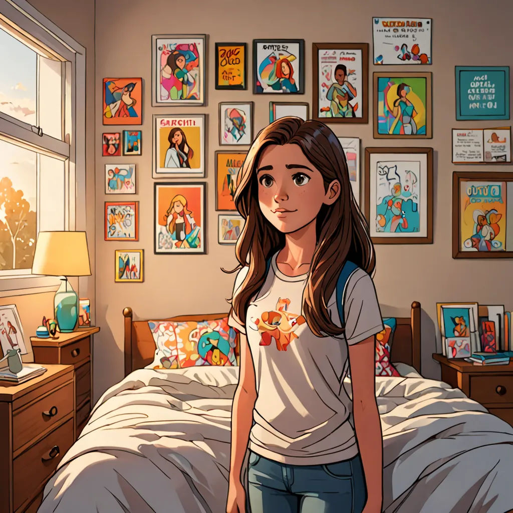 a girl standing in a bedroom with a lot of pictures on the wall behind her and a bed with a wooden headboard, temporary art, a comic book panel, Artgerm, comic book
