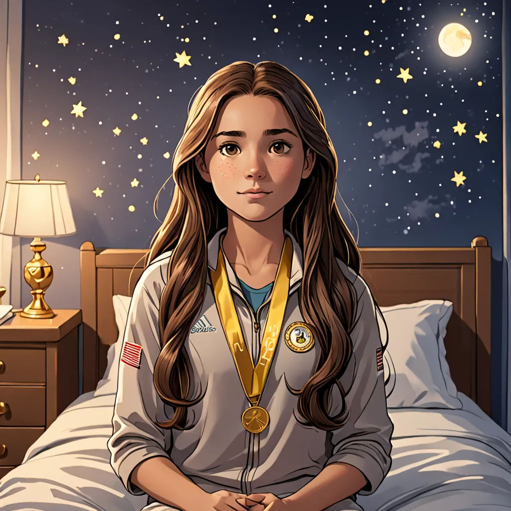 a girl sitting on a bed with a medal around her neck and a medal around her neck, in front of a night sky with stars, symbolism, a storybook illustration, Cliff Childs, comic cover art