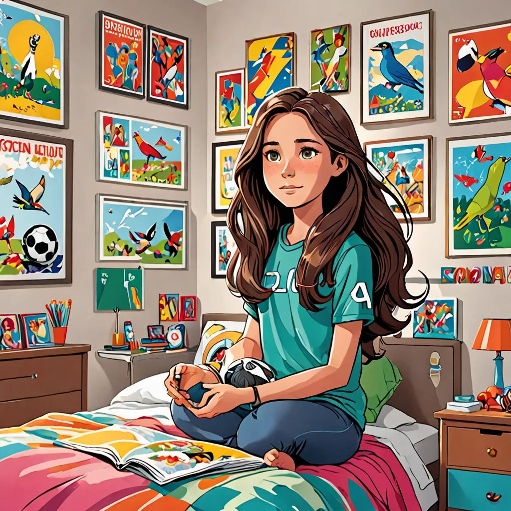 a girl sitting on a bed with a video game controller in her hand and a bunch of pictures on the wall, photorealism, a storybook illustration, Chris LaBrooy, art station