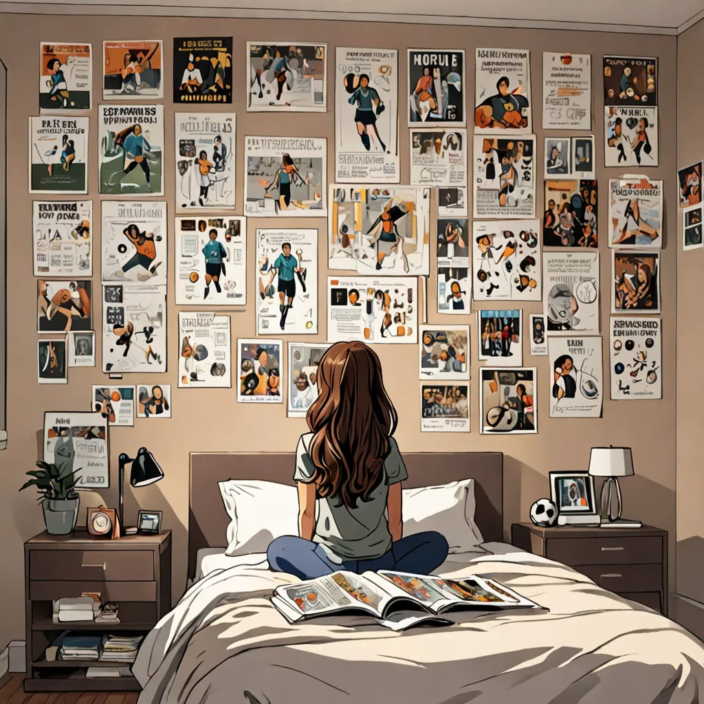 a girl sitting on a bed reading a book in front of a wall of sports pictures and posters on the wall, private press, a comic book panel, Asaf Hanuka, graphic novel