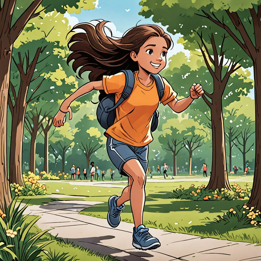 a girl running in a park with trees and flowers on the ground and a backpack on her back,, plein air, a comic book panel, Asaf Hanuka, comic cover art