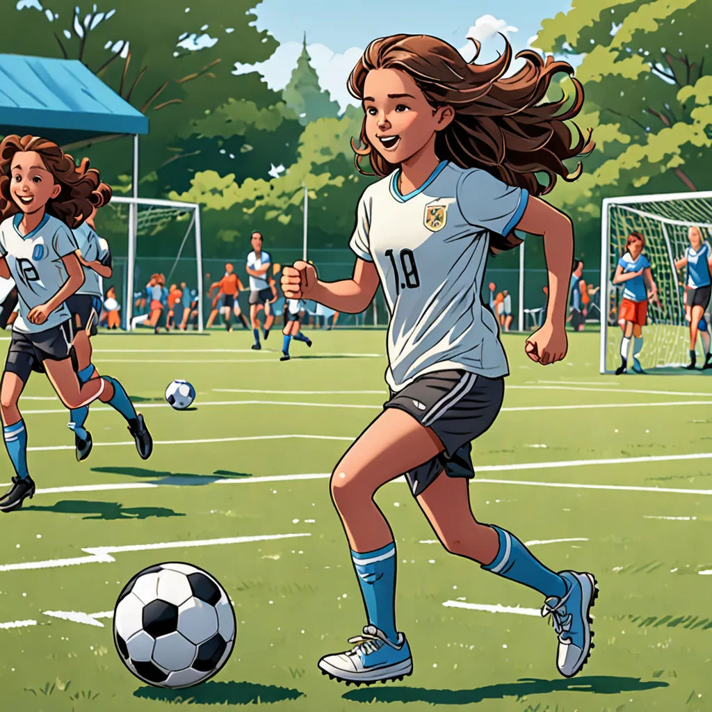 a girl running after a soccer ball on a field with other girls in the background playing soccer on a field, american scene painting, a storybook illustration, Emiliano Ponzi, book cover