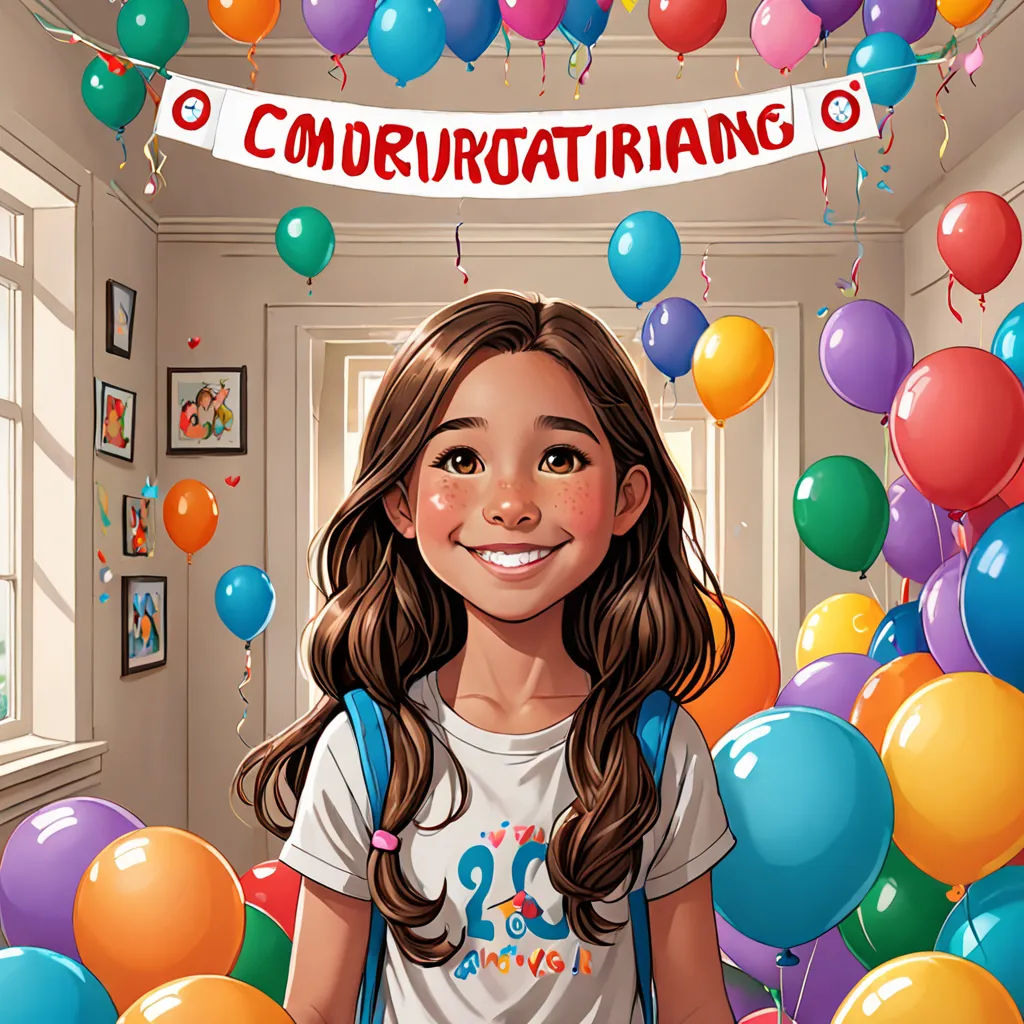 a girl standing in a room with balloons and a banner above her head that says congrurataranng, verdadism, a storybook illustration, Amalia Lindegren, comic cover art