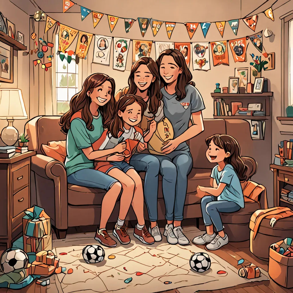 a family sitting on a couch in a living room with a soccer ball on the floor and a banner hanging above, serial art, a storybook illustration, Diego Gisbert Llorens, official art