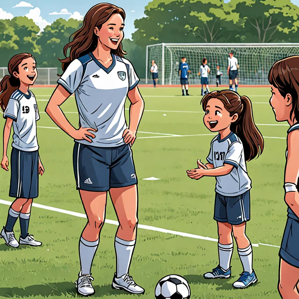 a cartoon of a woman soccer coach talking to her team mates on the field of a soccer field with a goalie in the background, paris school, a storybook illustration, Fabien Charuau, graphic novel