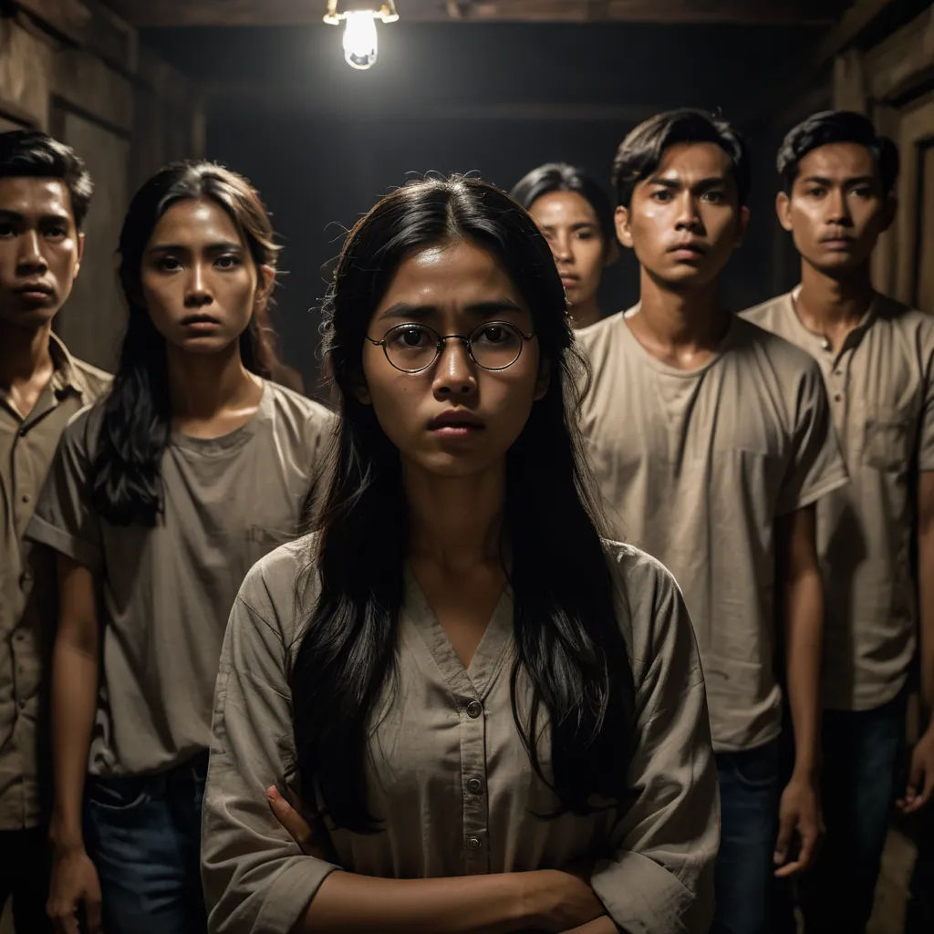 a group of people standing in a dark room with a light bulb above them and a woman standing in front of them, sumatraism, a poster, Fan Kuan, promotional image