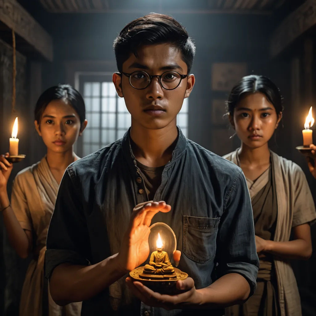 a man holding a small lamp in his hands with other people standing around him in the background in a dark room, dau-al-set, a poster, Fan Kuan, promotional image