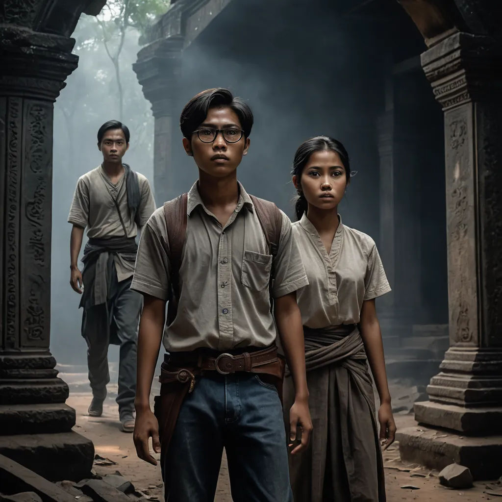 a man and two women standing in a dark area with a man in the background and a woman standing in the foreground, samikshavad, a poster, Daniel Lieske, promotional image