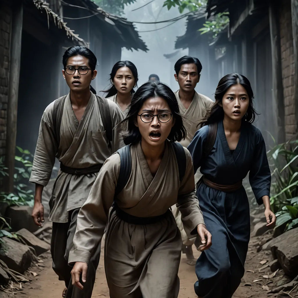 a group of people walking down a dirt road in the jungle with a woman in the middle of the group, sumatraism, a poster, Fan Kuan, movie still