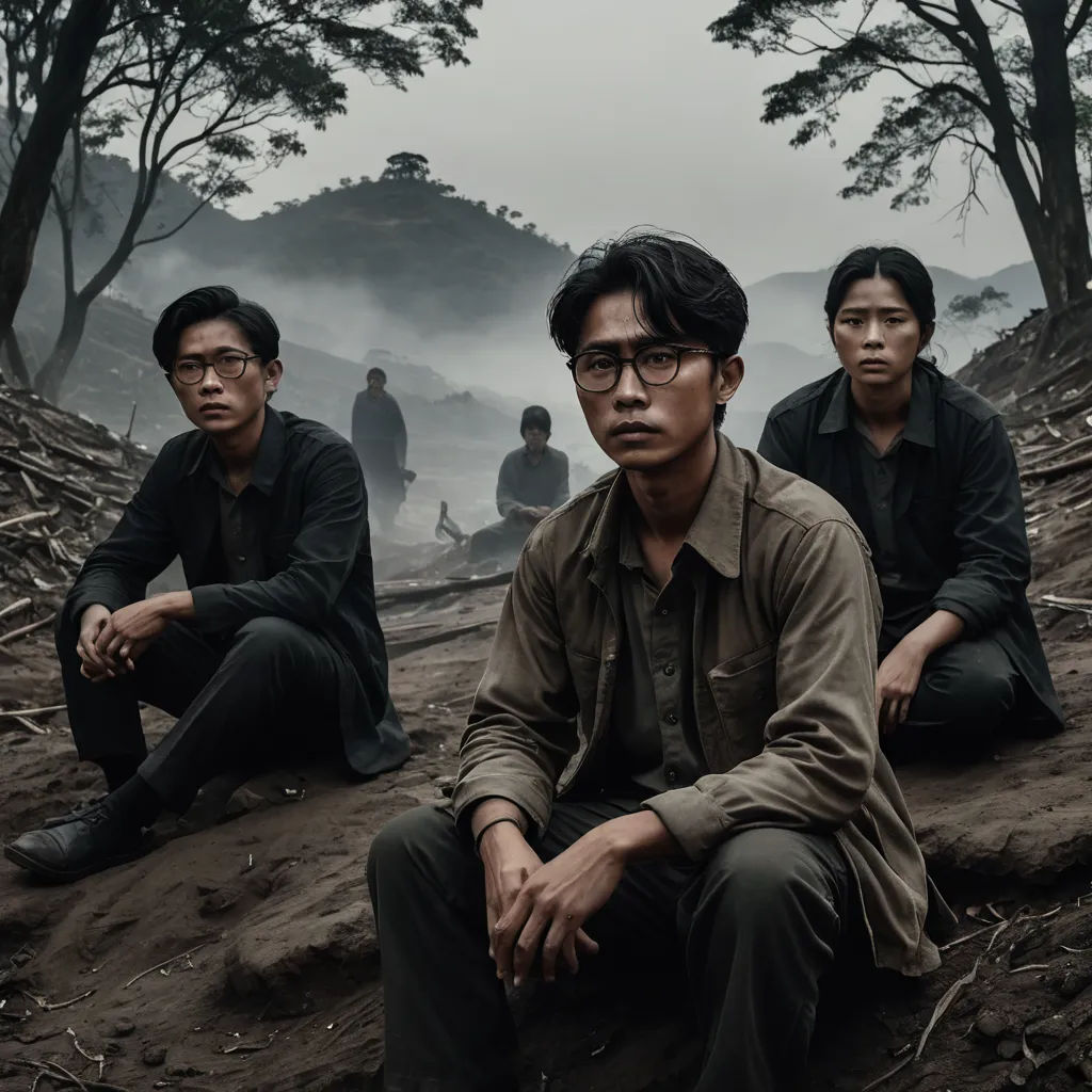 a group of men sitting on top of a dirt field next to trees and a forest filled with fog, serial art, a poster, Choi Buk, promotional image