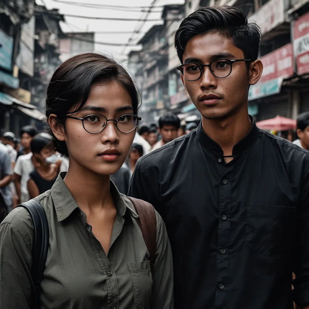 a man and a woman standing in a crowded street with people in the background and a man in a black shirt and glasses, sumatraism, a character portrait, David Diao, glasses