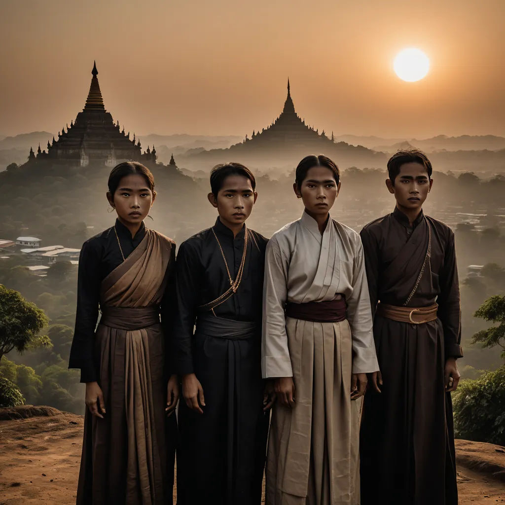 a group of people standing next to each other on a hill top at sunset with a city in the background, sumatraism, a poster, Daniel Lieske, promotional image
