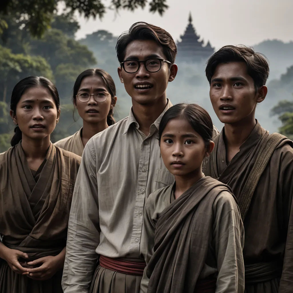 a group of people standing next to each other in front of a forest filled with trees and a building, samikshavad, a poster, Fang Congyi, promotional image