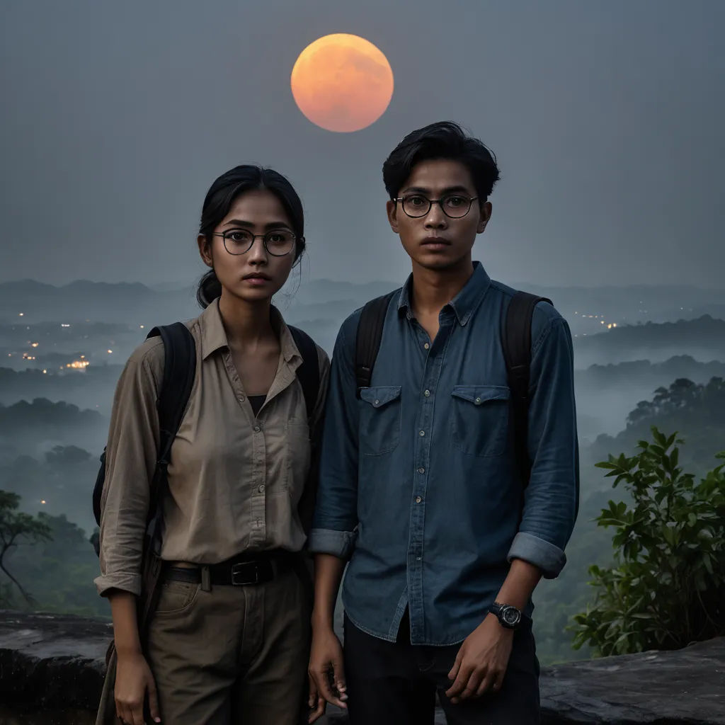 a man and a woman standing in front of a full moon with a city in the background and fog in the air, international gothic, a character portrait, Adrian Zingg, award-winning photograph