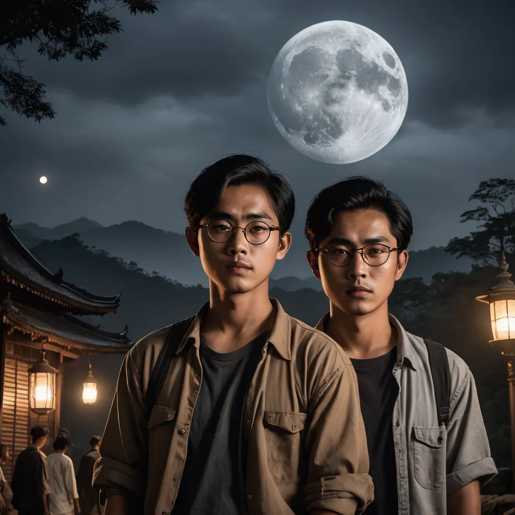 two men standing in front of a full moon with a lantern in the background of the photo and a full moon in the sky, international gothic, a poster, Fan Kuan, promotional image