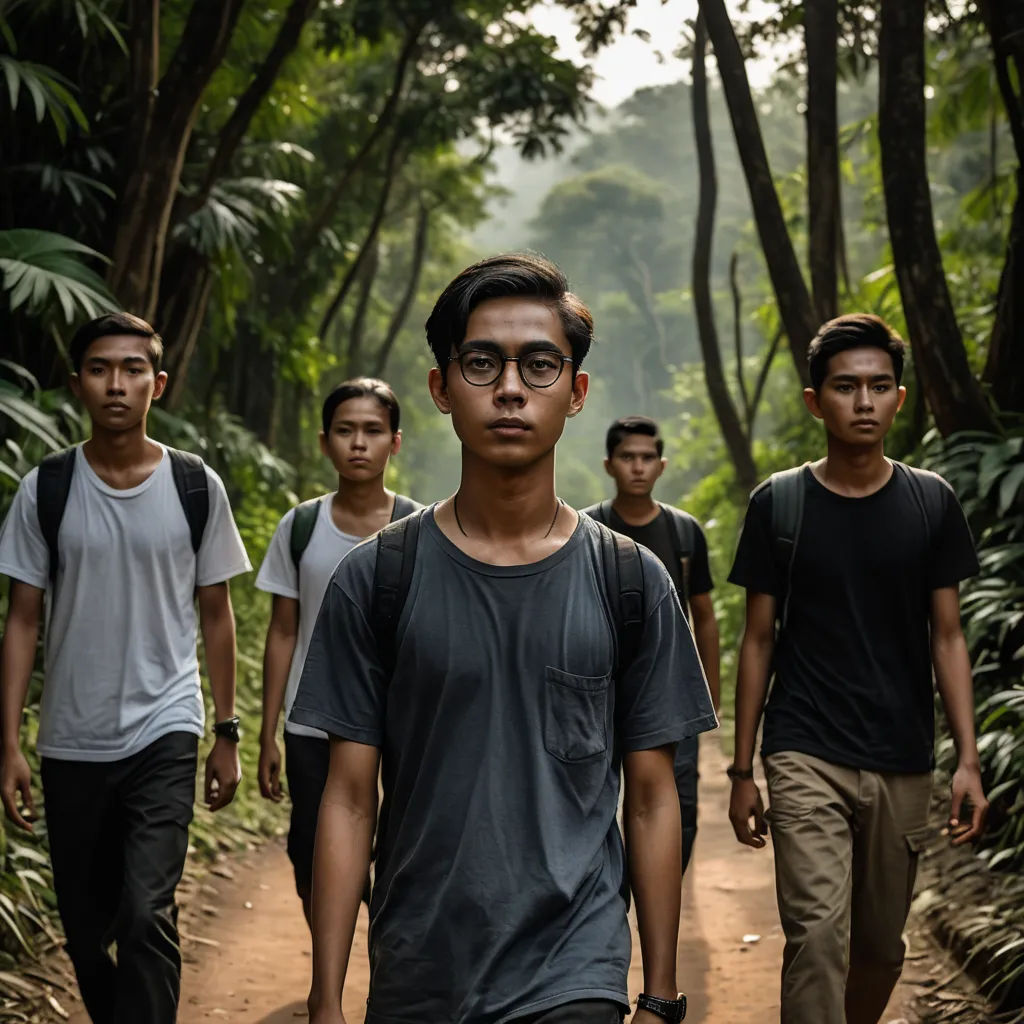 a group of young men walking down a dirt road in the woods with trees in the background and a forest area in the foreground, sumatraism, a stock photo, Abidin Dino, cinematic still